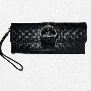 Hato Hasi Black Patent Leather Buckle Faux Croc Wallet/ Clutch
